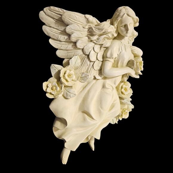 Sammy WMG 2005 Angel Wall Plaque w/ Flowers Cream White Resin Hanging Sculpture - Picture 3 of 6